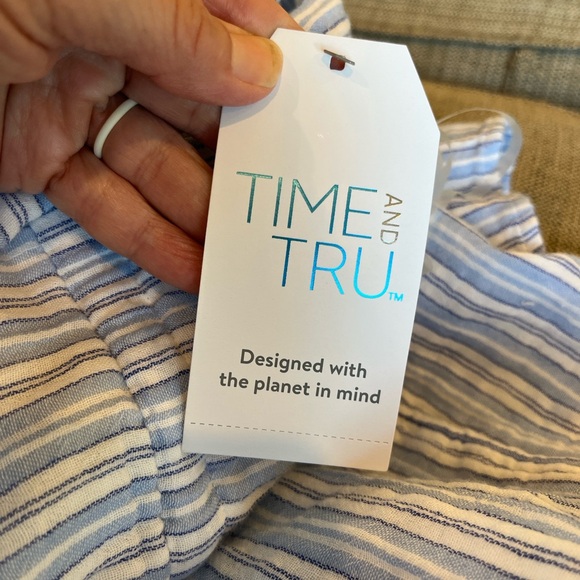 Midi Summer Dress Comfy Cinched Drawstring Waist with Pockets Blue Striped New - Picture 11 of 15